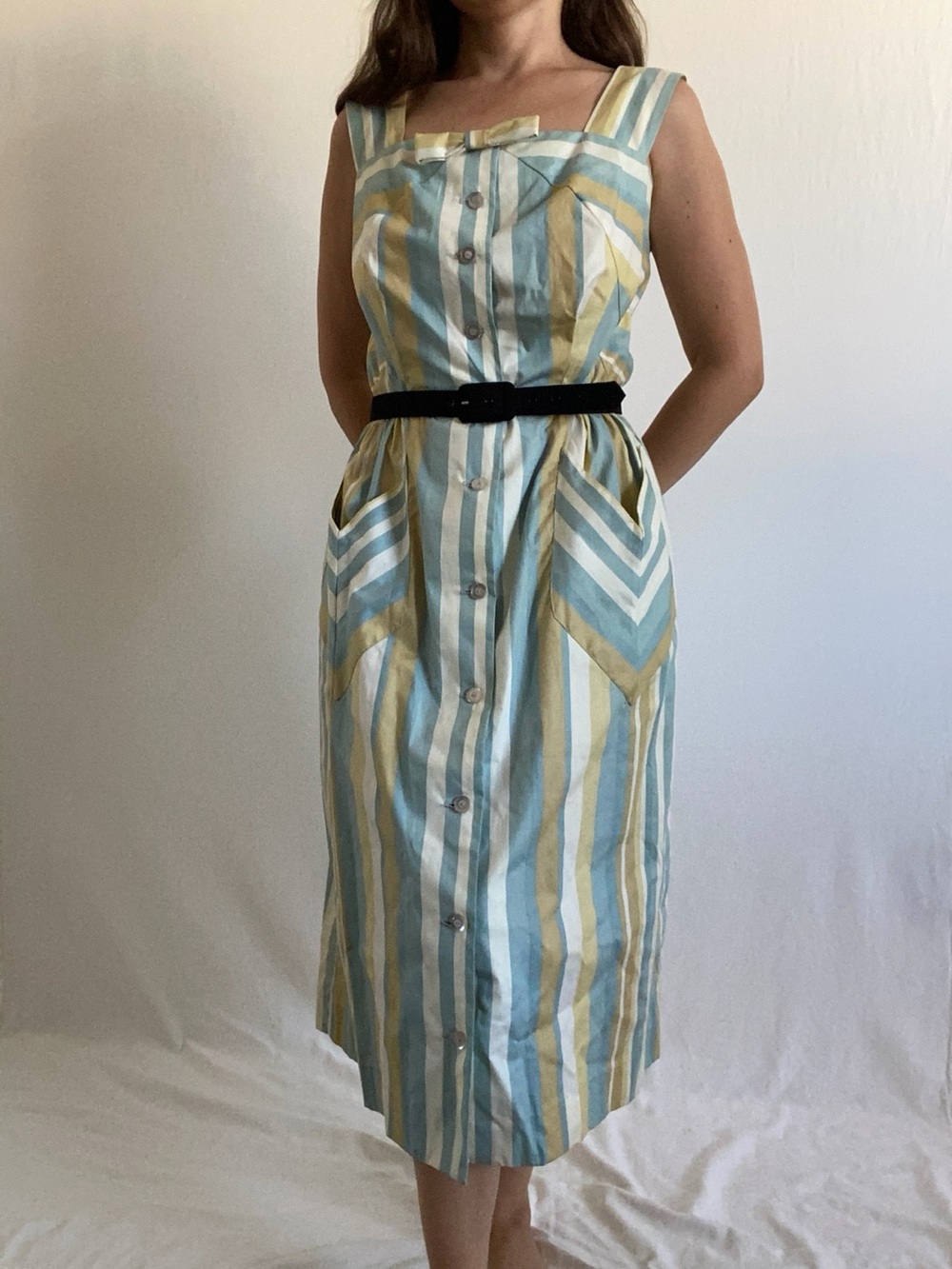 Vintage 60s 70s Better Half Striped Cotton Button Front Midi Dress
